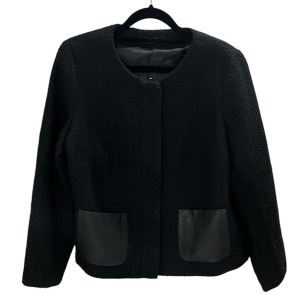 Talbots Black Tweed Faux Leather Pockets Front Full Zip Blazer Jacket 14W PETITE